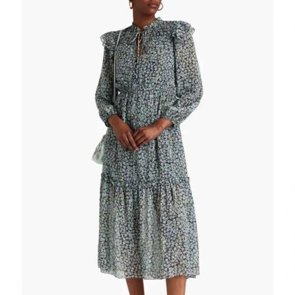 Maje Renaza Floral Sheer Chiffon Tiered Midi Dress Long Sleeve Metallic Blue - Picture 2 of 16